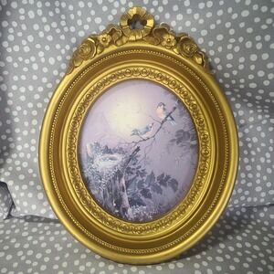 vintage 1980s Homco blue birds Bluebirds picture gold frame Cottagecore Glass